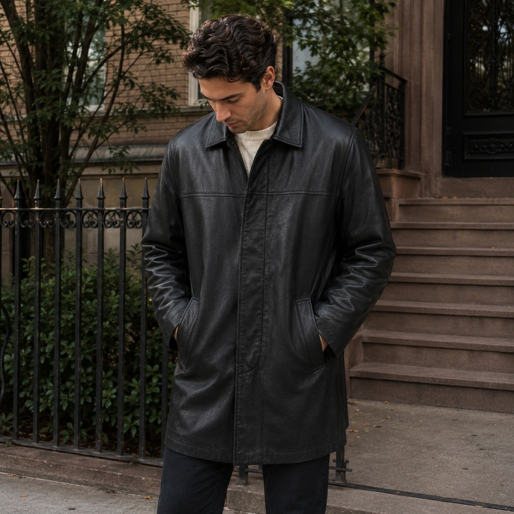 Vintage Y2K Banana Republic Black Leather Car Coat Men's Large Long Jacket 2003